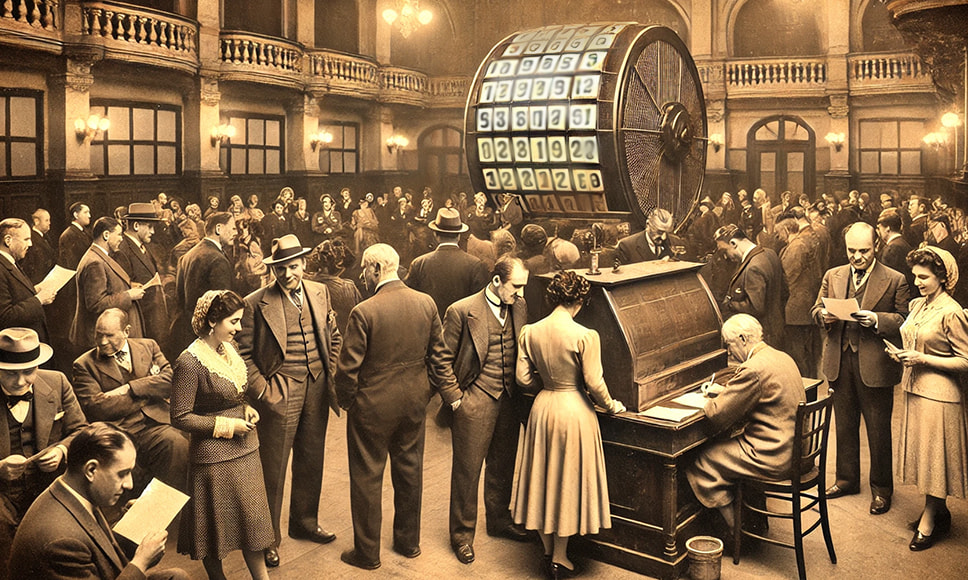 Sorteo de lotería antiguo en una plaza en la Argentina del 1942 y gran asistencia de público.