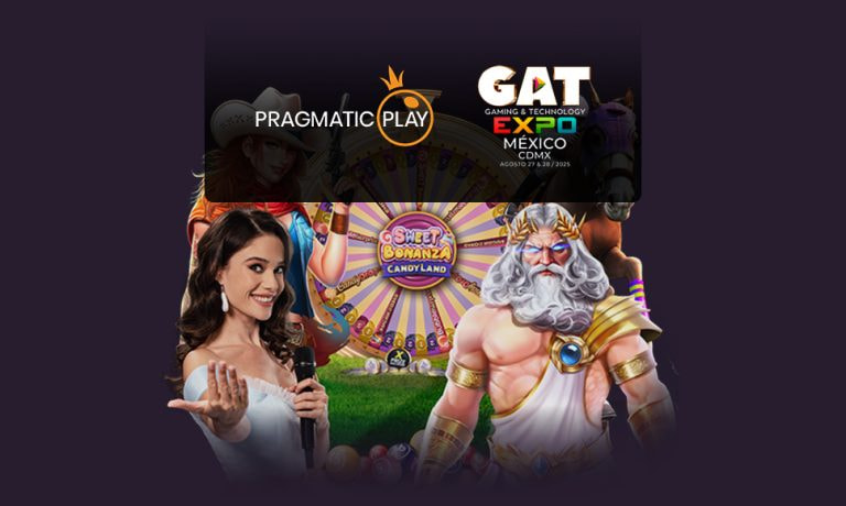 Logo de Pragmatic Play y GAT Expo México 2025 sobre personajes de slots populares como Sweet Bonanza y Zeus.