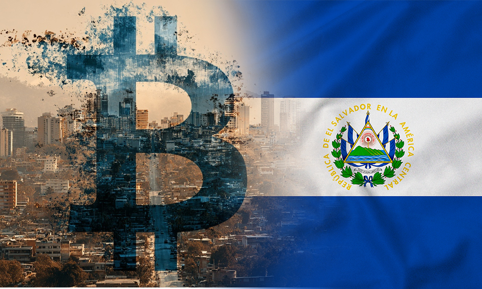 Bandera de El Salvador con el símbolo de Bitcoin superpuesto.