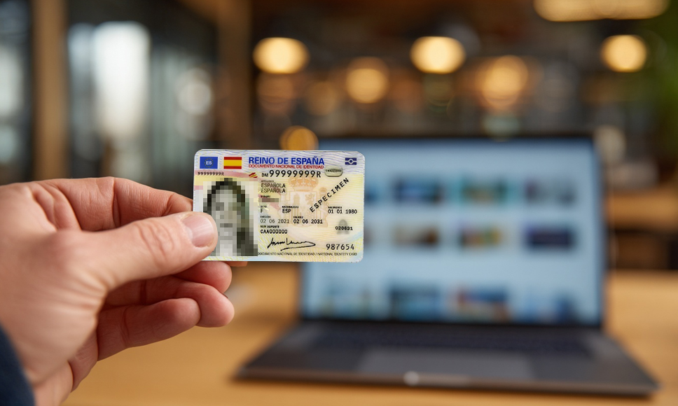 Mano sosteniendo un DNI español frente a un portátil con interfaz de casino online 