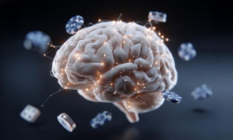 Cerebro humano con señales de dopamina y elementos de casino como ruleta o fichas.