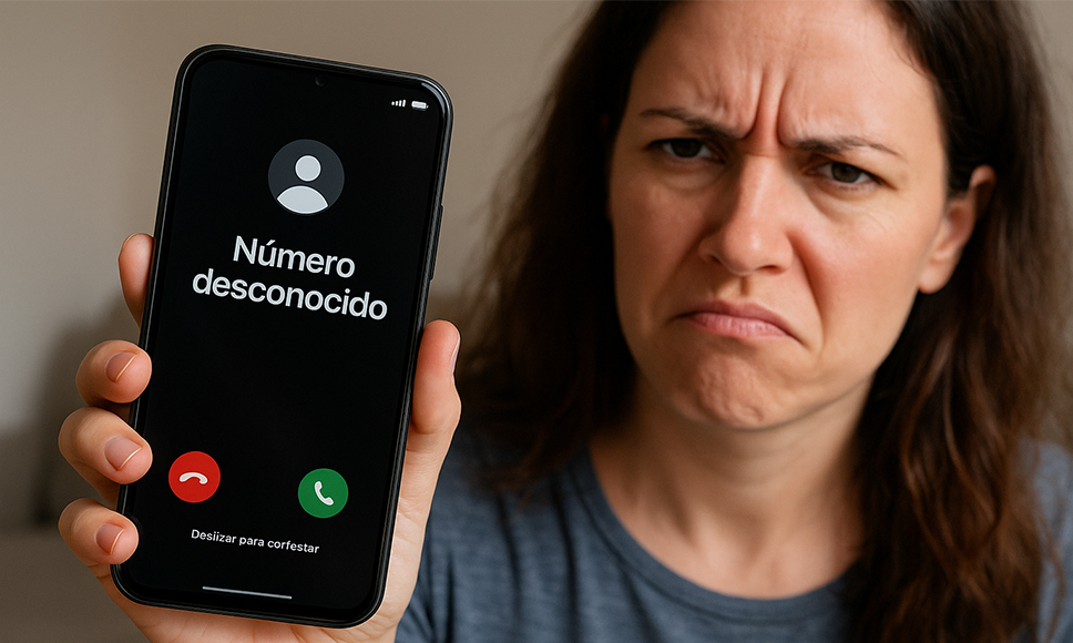 Mujer molesta recibiendo una llamada de un número desconocido.
