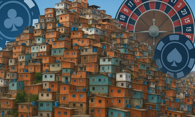 Una favela brasileña con imágenes de ruleta y fichas de casino detrás.