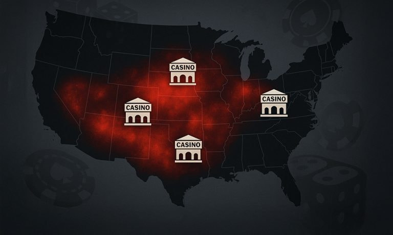 Mapa de Estados Unidos señalando algunos casinos online clandestinos.