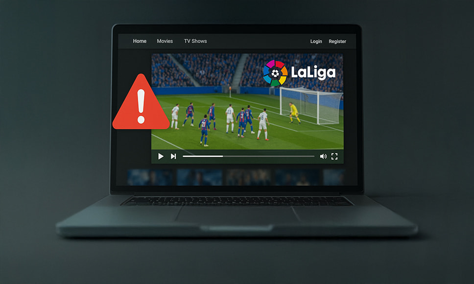 Portátil retransmitiendo un partido con el logo de LaLiga y una señal de alerta.