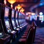 Fila de máquinas tragamonedas encendidas en un casino con luces tenues