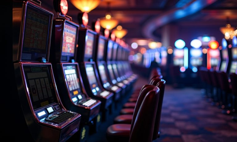 Fila de máquinas tragamonedas encendidas en un casino con luces tenues