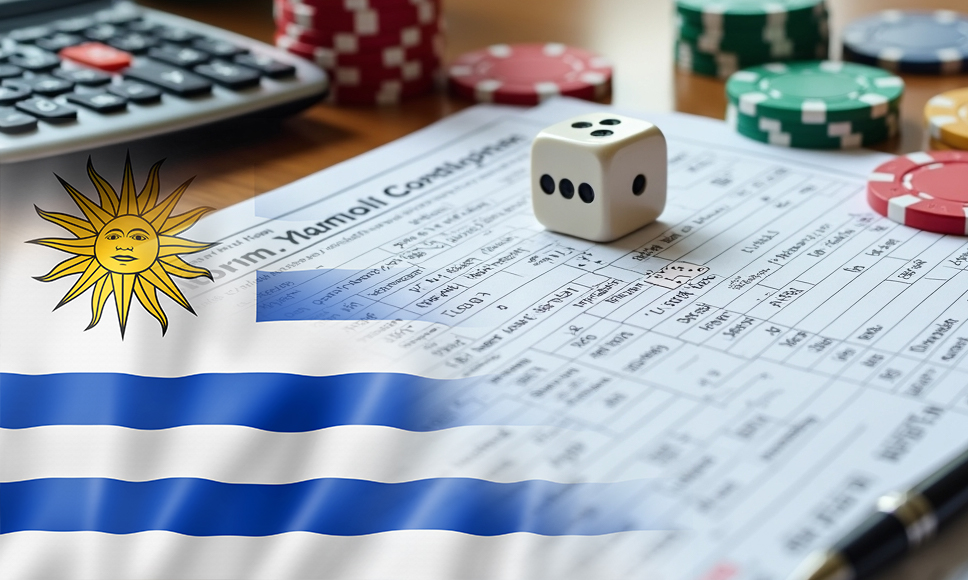 Formulario de impuestos con fichas de casino, un dado y la bandera de Uruguay al frente