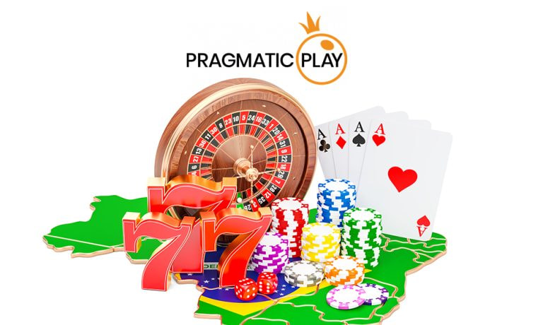 El logo de Pragmatic Play sobre un mapa de Brasil, acompañado de iconos de juegos de casino como ruleta y tragamonedas.