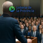 Directivo dando un discurso a una audiencia y el logo de Loterías de la Provincia.