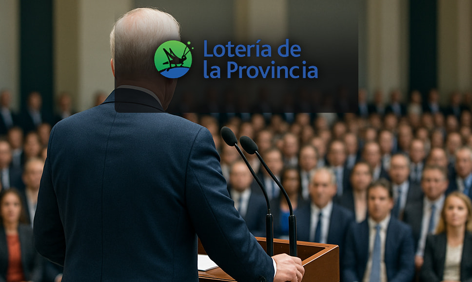 Directivo dando un discurso a una audiencia y el logo de Loterías de la Provincia.