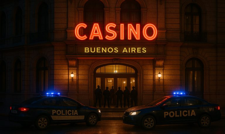 Policía argentina frente a un casino en Buenos Aires durante un operativo por juego ilegal.