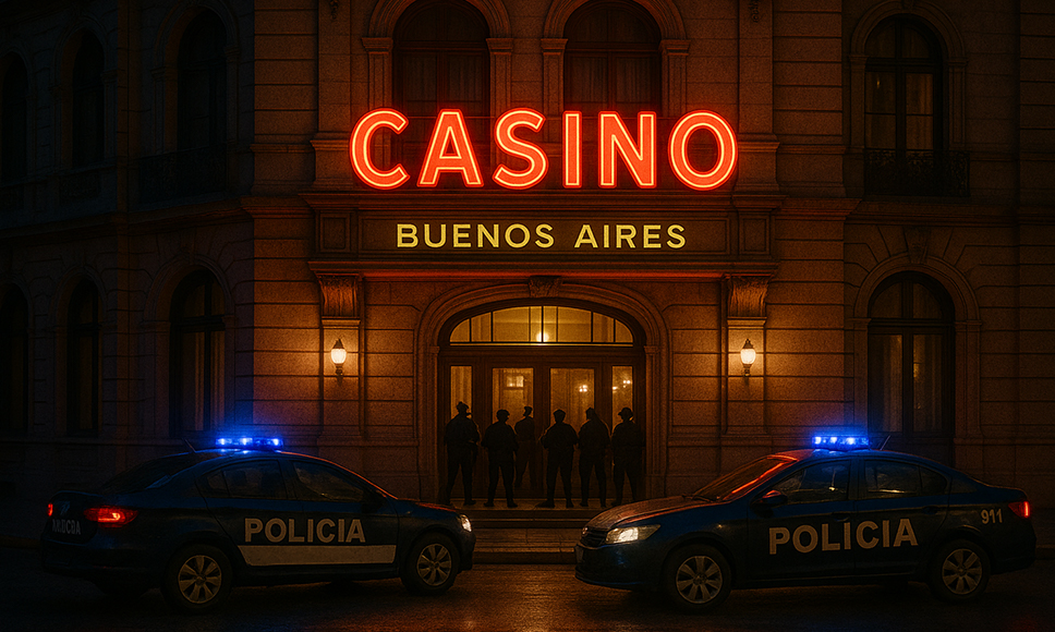 Policía argentina frente a un casino en Buenos Aires durante un operativo por juego ilegal.