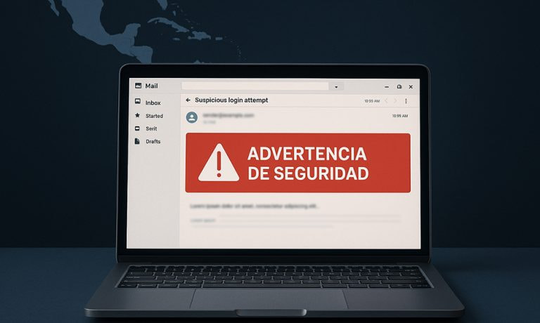 Correo fraudulento simulado con alerta de seguridad por intento de phishing en América Latina.