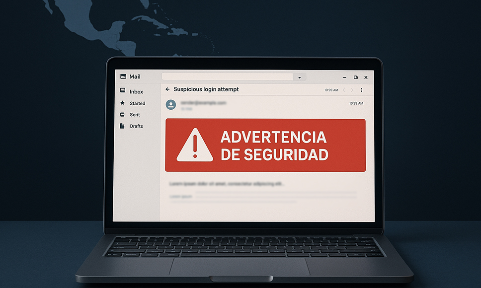 Correo fraudulento simulado con alerta de seguridad por intento de phishing en América Latina.