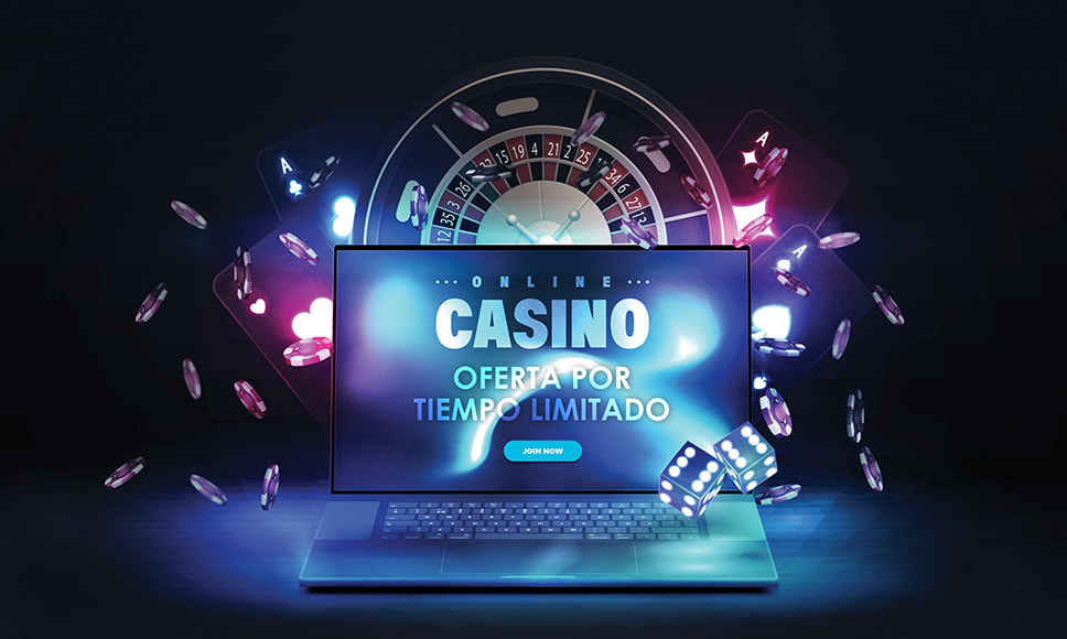 Publicidad llamativa de un casino online con ruleta y fichas.