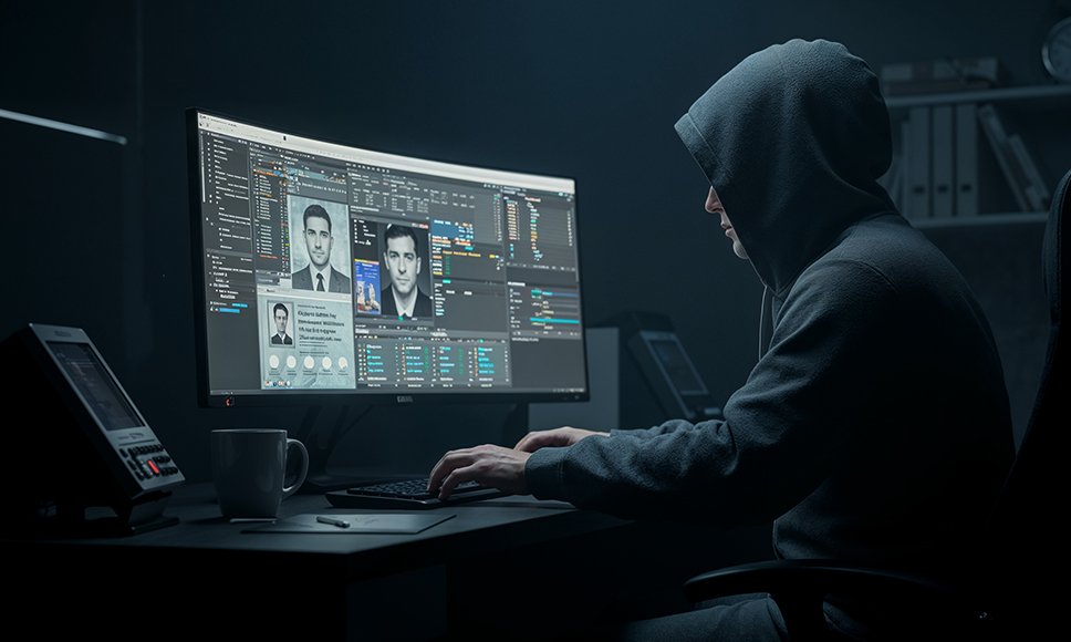 Persona encapuchada frente a pantallas múltiples generando documentos de identidad falsos.