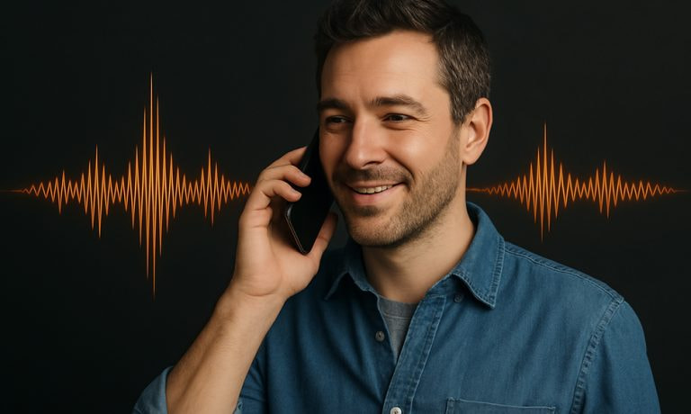 Un hombre hablando por teléfono mientras ondas de sonido representan la clonación de su voz mediante inteligencia artificial.