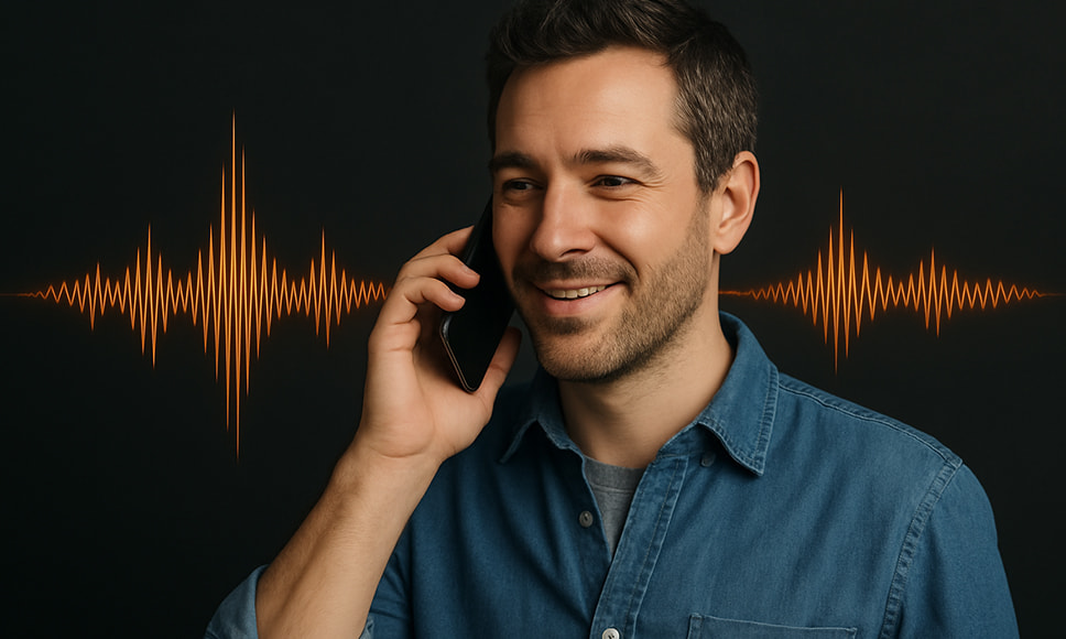 Un hombre hablando por teléfono mientras ondas de sonido representan la clonación de su voz mediante inteligencia artificial.