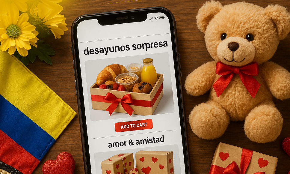 Teléfono móvil con tienda online de regalos de San Valentín y Amor y Amistad, junto a un oso de peluche y bandera de Colombia.