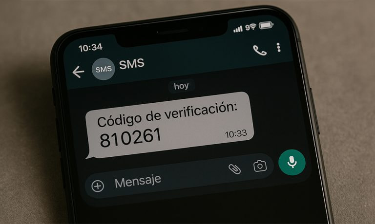 Teléfono móvil mostrando un mensaje SMS con un código de verificación, utilizado por estafadores para acceder a cuentas personales.