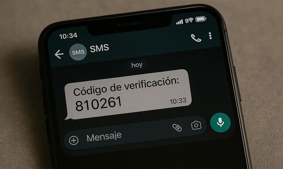 Teléfono móvil mostrando un mensaje SMS con un código de verificación, utilizado por estafadores para acceder a cuentas personales.