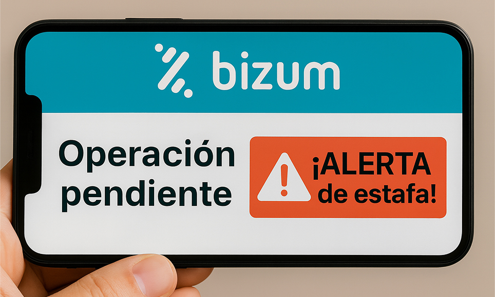 Teléfono móvil mostrando una alerta de fraude en Bizum por solicitud de dinero sospechosa.