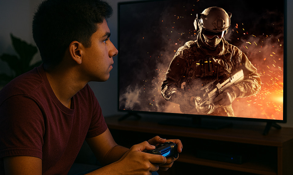 Joven concentrado jugando videojuegos violentos frente a la pantalla.