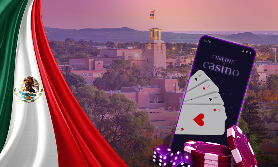 Bandera de México junto a un fondo urbano y un teléfono móvil con una pantalla de casino online, simbolizando el mercado del juego digital en el país.
