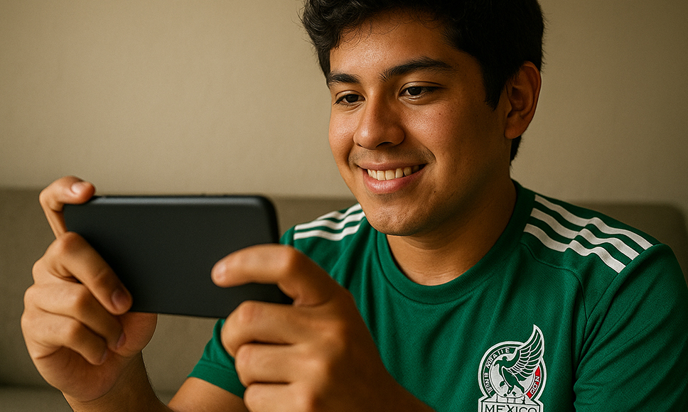 Joven mexicano jugando juegos rápidos online con dinámica de apuestas instantáneas.