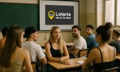 Jóvenes en un aula escuchando una presentación de la Lotería de la Ciudad de Buenos Aires sobre apuestas ilegales y concientización digital.