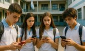 Grupo de adolescentes argentinos mirando sus teléfonos.
