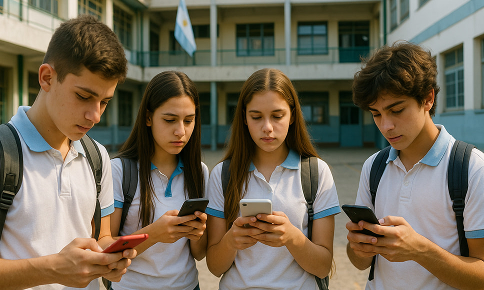 Grupo de adolescentes argentinos mirando sus teléfonos.
