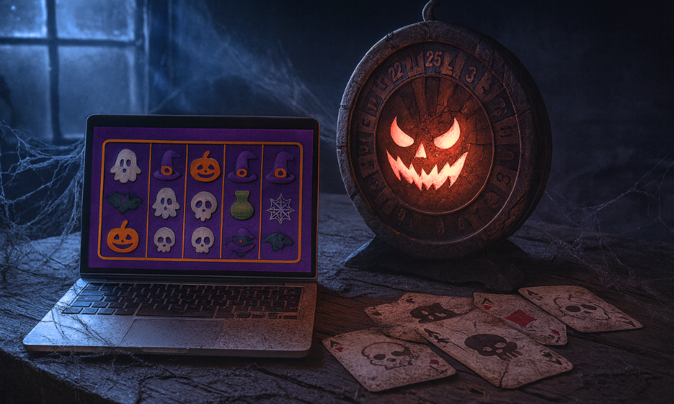 Juegos de Halloween online: una tragaperras, una ruleta y cartas de póker con símbolos de terror.