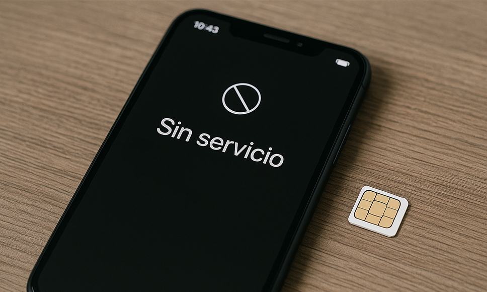 Teléfono móvil mostrando mensaje de “Sin servicio” junto a una tarjeta SIM sobre la mesa.