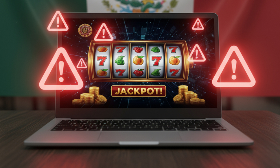 Tragamonedas en un portátil rodeado de señales de alerta sobre la bandera de México.