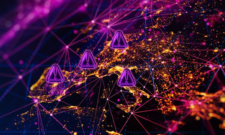 Mapa digital de Europa con alertas de ciberataques conectadas por redes tecnológicas.