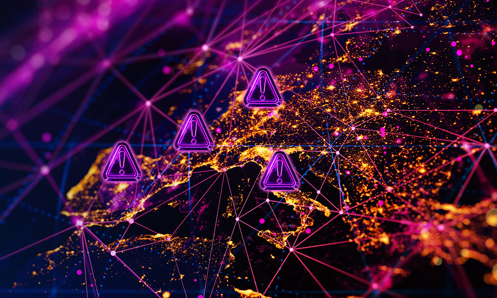 Mapa digital de Europa con alertas de ciberataques conectadas por redes tecnológicas.