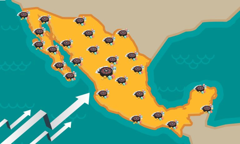 Mapa ilustrado de México con iconos de casinos que reflejan la expansión del sector.