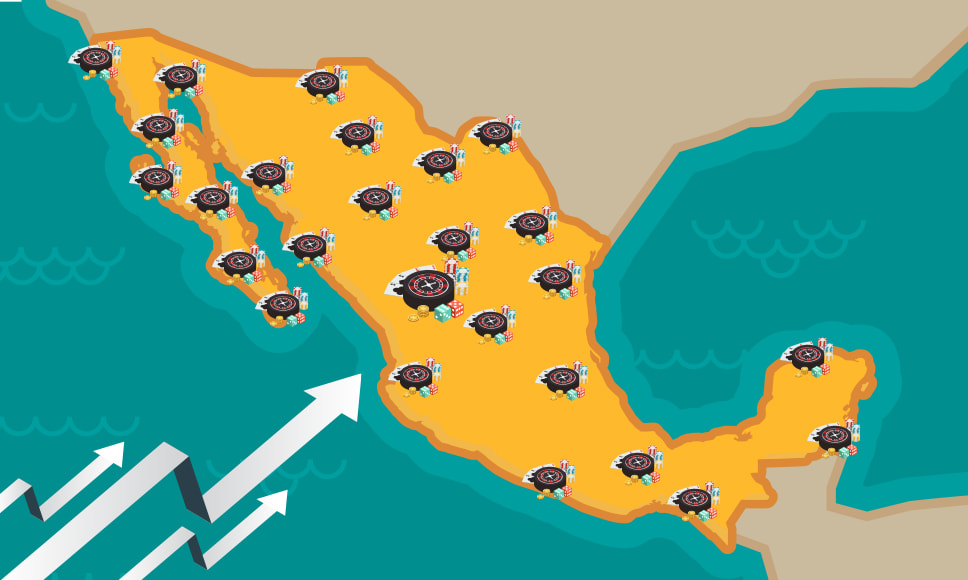 Mapa ilustrado de México con iconos de casinos que reflejan la expansión del sector.