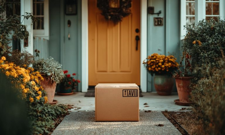 Caja de cartón frente a una puerta que simboliza el fraude de paquetes enviados sin pedido.