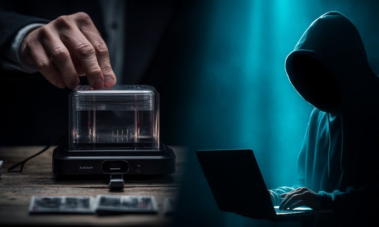 Mano manipulando un barajador de cartas junto a la figura de un hacker con ordenador portátil.