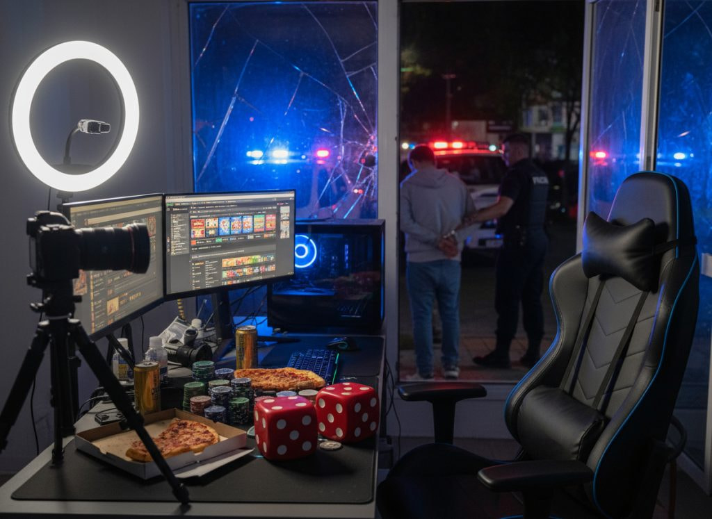 Estudio de streaming desordenado con policías arrestando a un joven frente a la ventana.