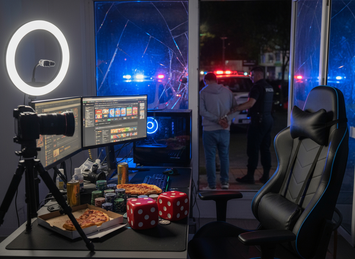 Estudio de streaming desordenado con policías arrestando a un joven frente a la ventana.