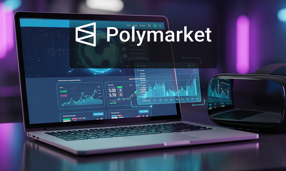 Pantalla de portátil con gráficos financieros y el logo de Polymarket sobre un fondo tecnológico.