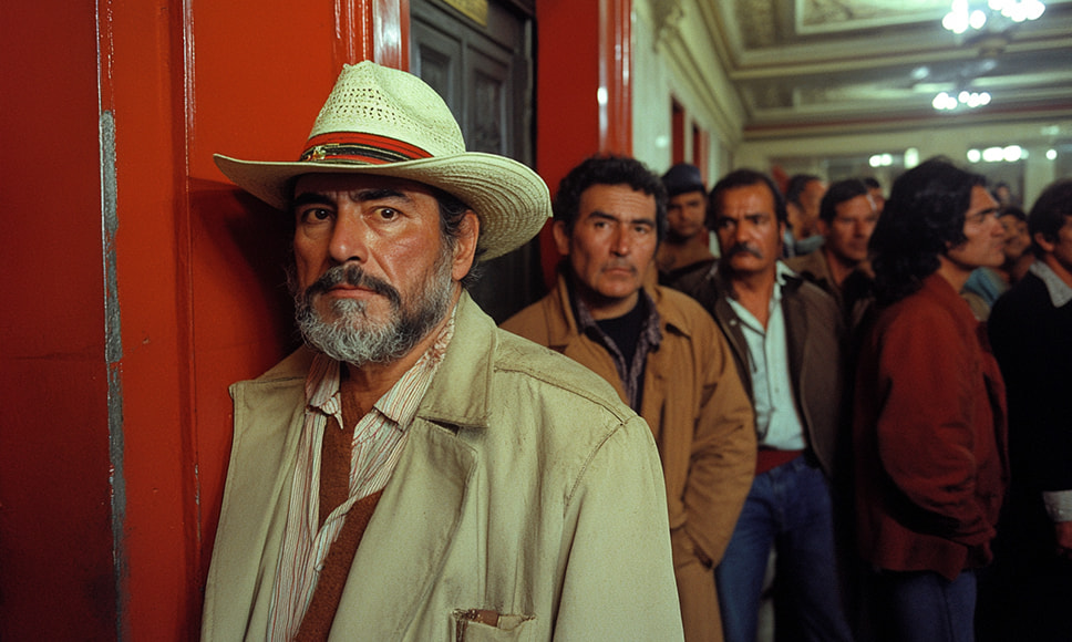 Hombres esperando en fila dentro de un edificio, uno de ellos con sombrero y expresión seria.