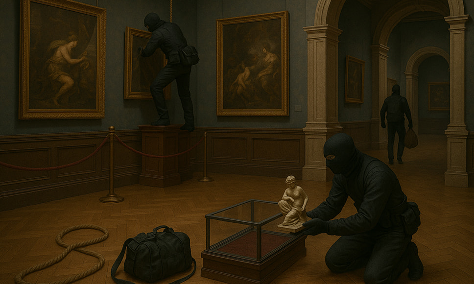 Ladrones enmascarados robando cuadros y esculturas dentro de una sala de museo.