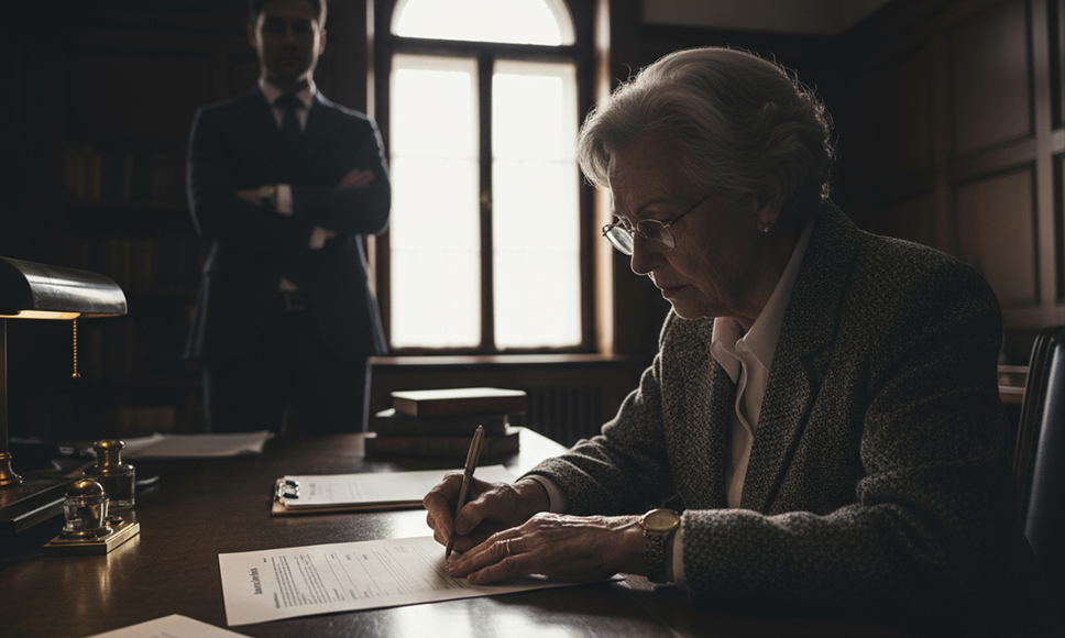 Una mujer mayor firmando documentos mientras un hombre la observa en una oficina oscura.