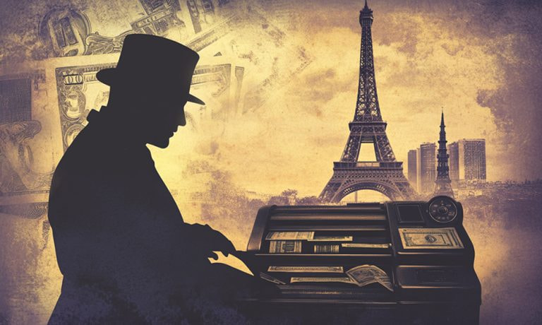 Silueta de Victor Lustig junto a una máquina de imprimir dinero y la Torre Eiffel de fondo.