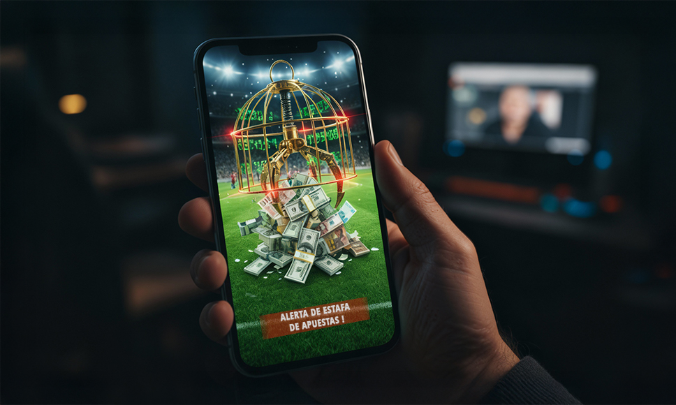 Mano sosteniendo un móvil que muestra un campo de fútbol con un gancho metálico recogiendo billetes bajo una alerta de estafa.